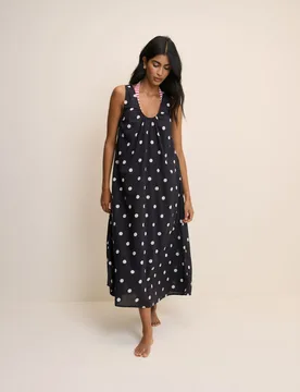 Pure Cotton Polka Dot Scoop Neck Midi Dress Black female - Nobody's Child - FashionsVida