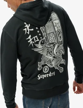Superdry Herren Baumwolle Grafikdruck Tokyo Narrative Hoodie In Lockerer Passform, Schwarz & Weiß - Größe: S - 79.99 - FashionsVida