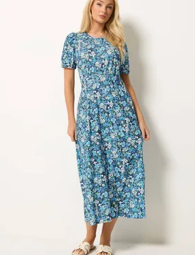 Women's Floral Short Sleeve Midi Dress in Blue Size: 10 - Blue - Size: 10 - M&Co - FashionsVida