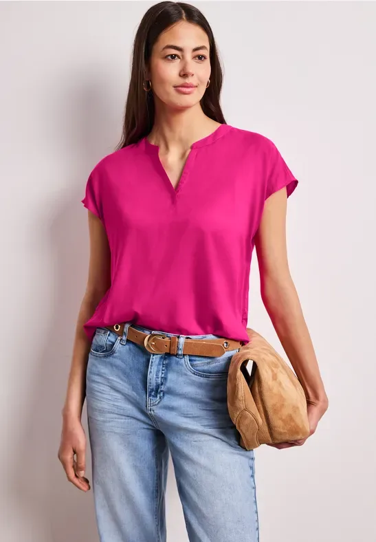Blusenshirt in Unifarbe mit Split Neck female Pink - Street One - FashionsVida