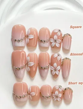 Piezas de uñas postizas elegantes de estilo floral hechas a mano, juego de uñas de polygel, flor de cinco pétalos. Esmalte de uñas rosa y blanco, - Shein - FashionsVida