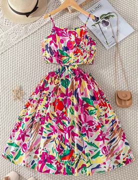 Conjunto a juego de 1 pieza para niñas preadolescentes de 8-12 años, top de tirantes y minifalda con estampado floral tropical blanco - Shein - FashionsVida