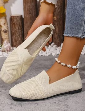 Mocasines planos de mujer tejidos, zapatos cómodos de punta cuadrada con slip-on, zapatos transpirables para mamá para primavera y otoño