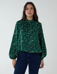 High Neck Leopard Print Satin Blouson Top - S / GREEN - female