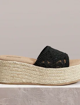 Sandalias de cuña para mujer con tejido de paja y cuerda de cáñamo, malla de punto negra, estilo bohemio, adecuadas para salir, vacaciones, uso dia - Shein - FashionsVida