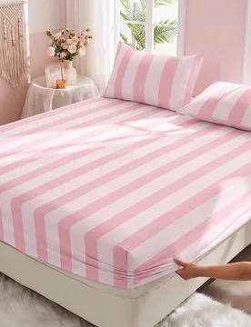 Pieza Sábana ajustada a rayas rosas, ropa de cama, protector de colchón, cubierta de cama, decoración de habitación, a prueba de polvo y antidesli - Shein - FashionsVida