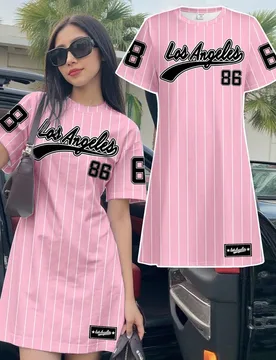 Vestido midi casual con estampado de rayas rosa para adolescentes, estilo deportivo universitario, gráfico del número 86, adecuado para atuendos de - Shein - FashionsVida
