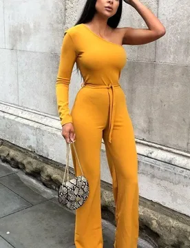 Womens Belted One Shoulder Jumpsuit - Mustard - Size 14 Uk - Femme Luxe - FashionsVida