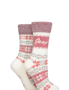 Women's 2 Pair Fairisle Thermal Soft Top Boot Socks Cream / Rose 4-8 - Cream - Size: Small - Jeep - FashionsVida