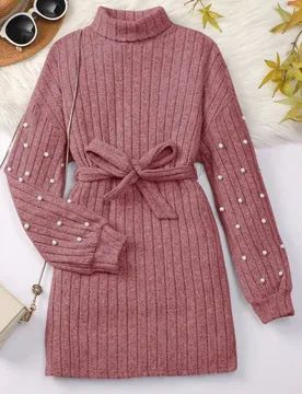 Vestido tejido de manga larga con cuello alto medio y banda en la cintura para calle, para niña adolescente - Shein - FashionsVida