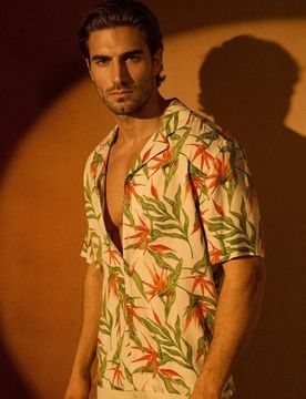 Camicia in viscosa con motivo vegetale - blu pallido