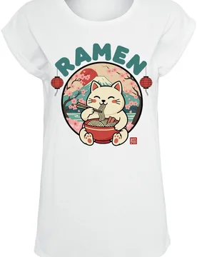 T-Shirt - Ramen Cat - M bis XXL - für Damen - Größe L - weiß - Frauen - female - Tierisch - FashionsVida