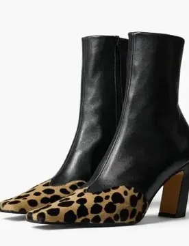 Leopard Horse Fur Black Leather Patchwork Square Toe Zipper Side High Heel Ankle Boots Women Block Heel Modern Short Booties - Aliexpress - FashionsVida