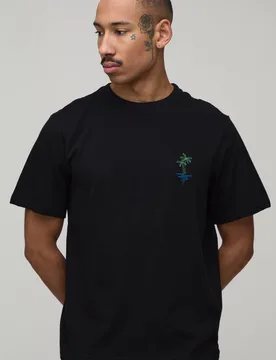 Men's Regular Fit Palm Tree Embroidered T-Shirt Black Size Medium Black M - boohooMAN - FashionsVida