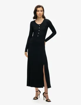 Superdry Damen Midikleid mit Halblanger Knopfleiste Schwarz - Größe: 44 - 79.99 - FashionsVida