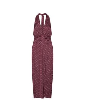 Polka Dot Halterneck Long Dress with Integrated Scarf and Straight Loose Skirt (Size 34)