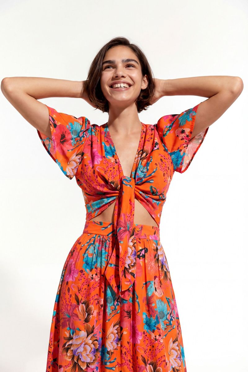 Blouse nouée coraux, Viscose, Orange, L