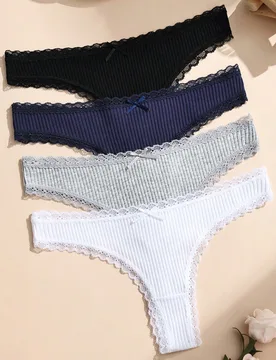 Piezas/paquete Bragas de algodón de unicolor para mujer, tanga con parche de encaje romántico y lazo, ropa interior elástica y transpirable para da - Shein - FashionsVida