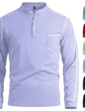 New men's waffle long-sleeved shirt with patch-style buttons, Henry collar, pocket-style casual outdoor sports men's polo shirt - Aliexpress - FashionsVida