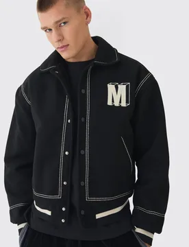 Herren Kastige Varsity-Jacke aus Melton mit Stich-Details in Schwarz Black Größe Small - boohooMAN - FashionsVida
