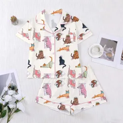 Piezas Conjunto de pijama de mujer, estampado de gato, ropa de estar en casa, conjunto de primavera/verano para vacaciones, blusa de manga corta con s