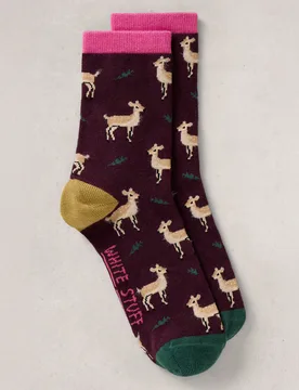 Organic Oh Deer Ankle Socks - Dark Plum - White stuff - FashionsVida