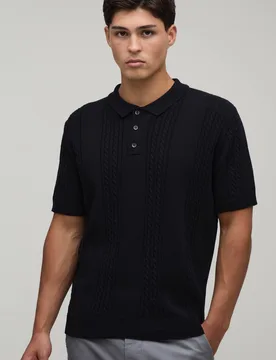 Men's Regular Fit Cotton Blend Cable Knitted Polo Black Size Medium Black M - boohooMAN - FashionsVida