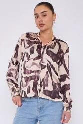 Women's Grey Abstract Print Gold Foil Dotted Blouse Size: 10 - Grey - Size: 10