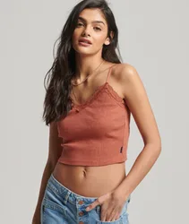 Superdry Damen Geripptes Trägertop mit Spitzenbesatz Orange - Größe: M/L