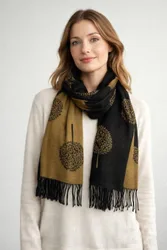 Women's Tree Print Cashmere Blend Scarf With Tassels in Black - Black - Size: One Size