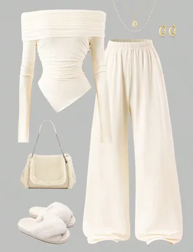 Conjunto de 2 piezas de top ajustado con hombros descubiertos y pliegues asimétricos, y pantalones anchos de pierna ancha, unicolor, elegante y aprop - Shein - FashionsVida