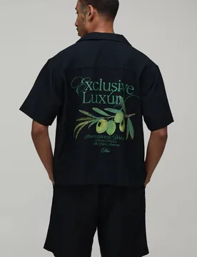 Men's Back Printed Linen Blend Oversized Shirt & Short Set Black Size X-Small Black XS - boohooMAN - FashionsVida