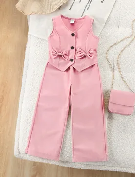 Set de 2 piezas con camiseta de tirantes beige con lazo con botones delanteros y pantalones de pierna ancha, conjunto informal adecuado para uso diari - Shein - FashionsVida