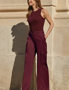 Womens Burgundy Wide Leg Cargo Trousers - Red - Size 8 Regular - Sosandar - FashionsVida