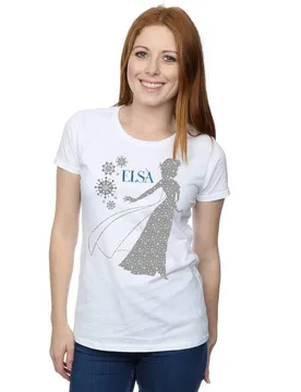 Women's Frozen Elsa Christmas Silhouette Cotton T-Shirt in White Size: Medium - White - Size: M - Disney - FashionsVida
