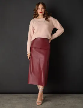 Women's Faux Leather High Waist Midi Skirt in Burgundy Size: 12 - Burgundy - Size: 12 - Izabel London - FashionsVida
