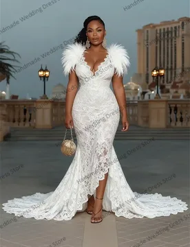 White Lace Feather Wedding Dress Sexy V Neck Sleeveless Luxury 3D Flower Mermaid Bridal Gown Customized Beach Garden Long Robe - Aliexpress - FashionsVida