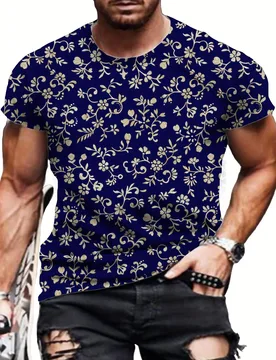 Mens Stylish 3D retro blue Floral Print Short Sleeve Crew Neck T-Shirt - Soft Slight Stretch Polyester Fabric - Aliexpress - FashionsVida