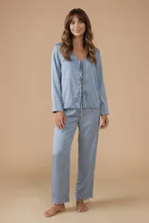 Women's Satin Wide Fit Lace Trim Pyjama Set in Blue Size: Large - Blue - Size: L
