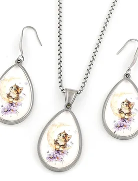 Teardrop Crescent Moon Flower Cat Glass Cabochon Pendant Necklace Drop Earrings Stainless Steel Gold Plated Chain Jewelry Set - Aliexpress - FashionsVida