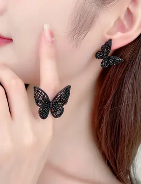 New Trendy Niche Designer Style Super Fairy Temperament Open Index Finger Butterfly Ring Earrings Jewelry Set - Aliexpress - FashionsVida
