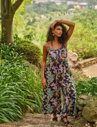 Floral Cropped Wide Leg Jumpsuit Black Mix female
