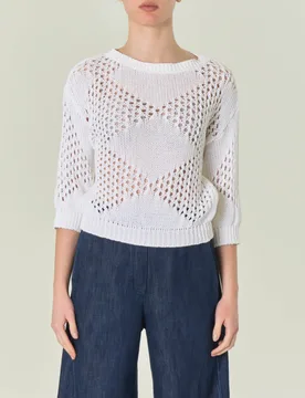 Maglia bianca cropped in puro cotone a rombi lavorati a punto rete con maniche a tre quarti - Hlo! - FashionsVida