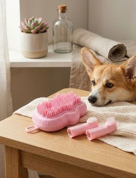 Set: Spazzola massaggiante con accessori per pulizia dentale per cani e gatti - rosa