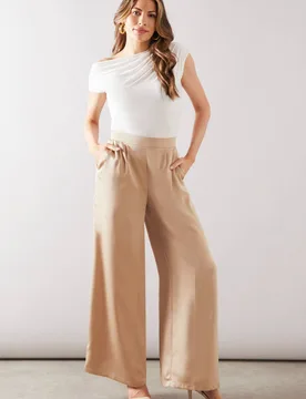 Women's Satin Pleat Detail Wide Leg Trouser in Champagne Size: 20 - Champagne - Size: 20 - Wallis - FashionsVida