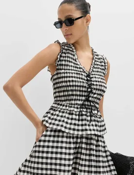Cotton Blend Gingham Shirred Peplum Top Black Mix female - M&S - FashionsVida