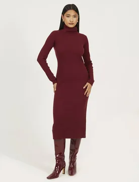 Women's Roll Neck Ribbed Knit Midi Dress in Wine Size: XS - Wine - Size: XS - Brave soul - FashionsVida