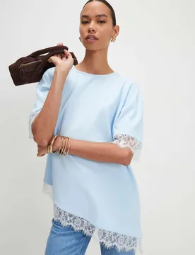 Lace Trim Asymmetrical T-Shirt Light Blue female - River Island - FashionsVida