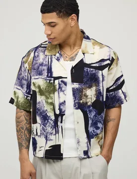 Men's Oversized Boxy Abstract Print Shirt Blue Size Large Blue L - boohooMAN - FashionsVida