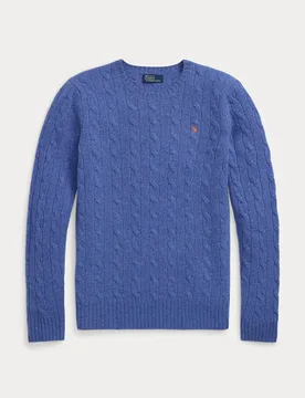 Maglia azzurra girocollo in lana e cashmere a trecce con logo ricamato a contrasto di colore - Ralph Lauren - FashionsVida